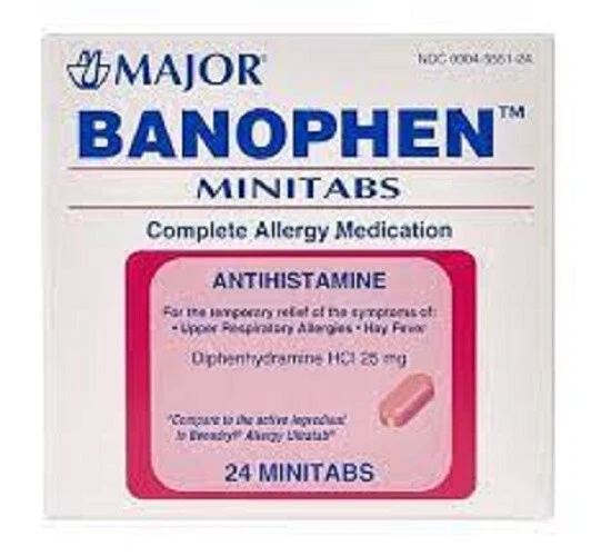 MAJOR BANOPHEN 25MG Diphenhydramine Antihistamine Allergy Tabs 6 61