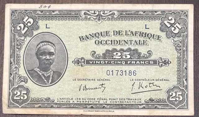 1942 25 Francs Occidental Bank French West Africa Banknote