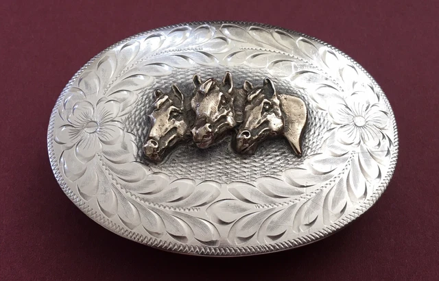 Spectacular Mid Century USA SSS Sterling Silver Western Horse Trio Belt Buckle