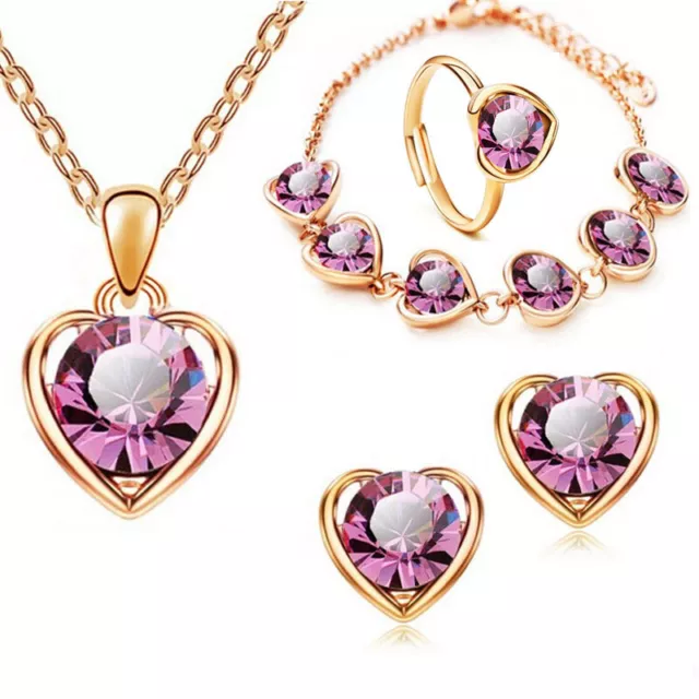 4Pcs/Set Jewelry Set For Women Heart Crystal Pendant Necklace Earrings Ring Set