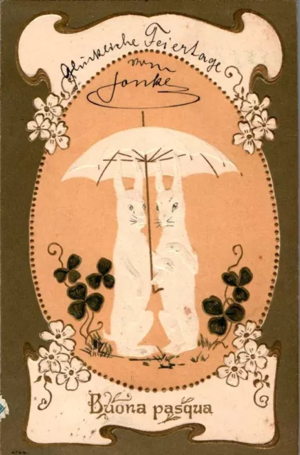 Ak Ostern Prägedruck Zwei Hasen Unterm Regenschirm 1903