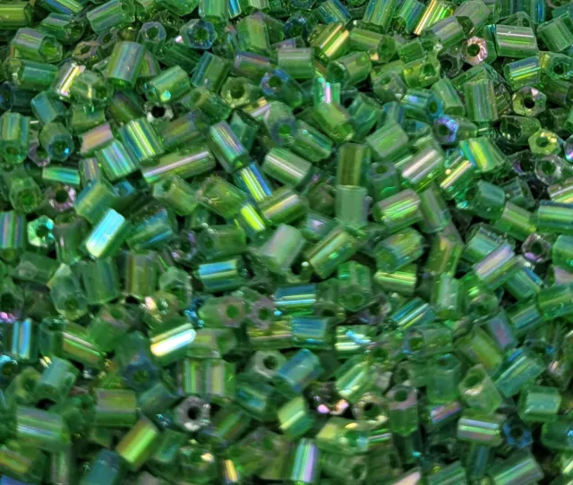 4oz ~10,000 pcs Iridescent Green Iris 2-Cut Glass Size 10/0 #1 Bugle Beads 2mm