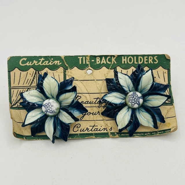 Blue Metal Flower Curtain Tie Back Pins Set Of 2