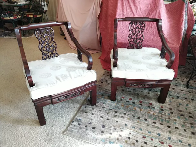 Vintage Chinese Rosewood Arm Chairs with carved birds and flowers