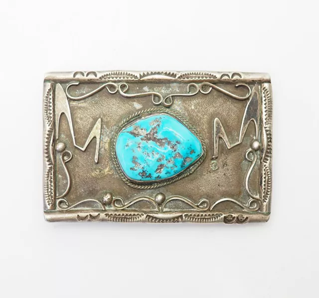 Vintage large handmade Sothwestern sterling silver turquoise signed belt buckle