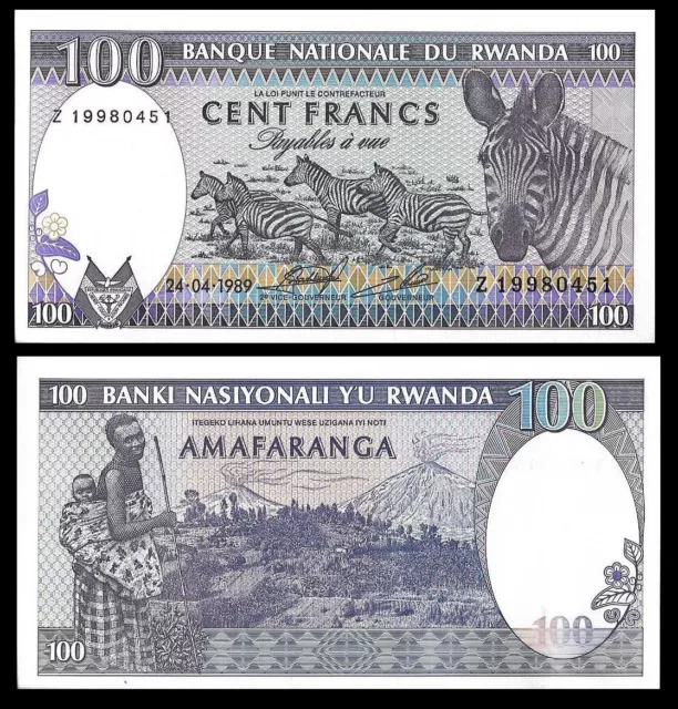 Rwanda P19, 100 Francs, zebras / Volcanoes, woman with baby UNC 1989