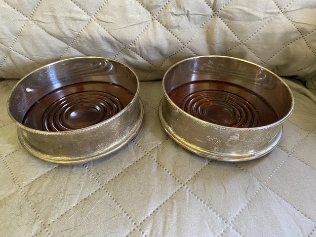 Vintage Silver Plate Rosewood Color Wood Wine Bottle Coasters