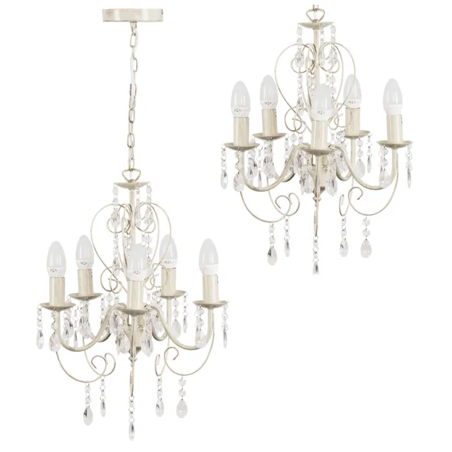 MiniSun Ceiling Light - Traditional Distressed White Chandelier 5 Way Droplets