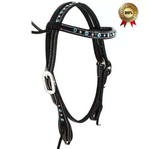Western Leather Horse Bridle Headstall with Royal Blue Rhinestones & Stud Accent