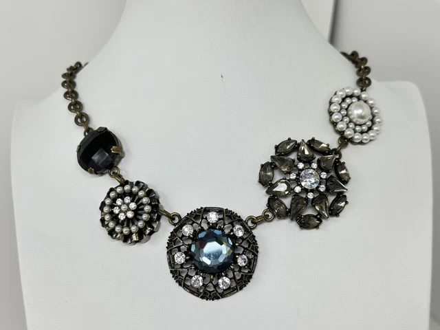 Lia Sophia Bronze Gray  Blue Clear Rhinestone Faux Pearl Statement Necklace