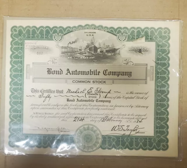 Vintage 1920s 1924 Bond Automobile Company Stock Certificate Delaware