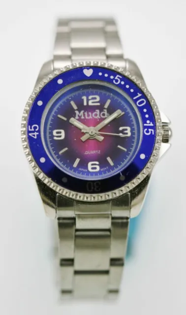 Mudd Womens Watch Purple Blue Stainless Silver Easy Read Water Resistant Quartz