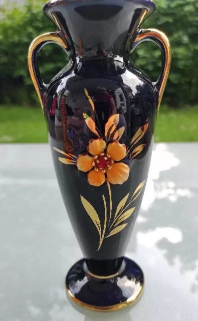 Vintage Vase, Blumenvase, Kobalt Blau m/Goldrand und Blume