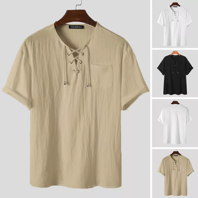 INCERUN Men Cotton Shirt Short Sleeve Lace Up Shirts Hippy Beach Blouse Shirts