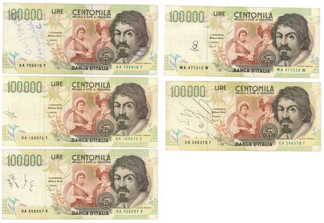 100000 LIRE LOT 5 BANK NOTES ITALY CARAVAGGIO II TYPE LETTER A 1994 qBB