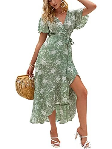 Miessial Womens Summer Floral Print Wrap Maxi Dress Casual Bohemian Split Long