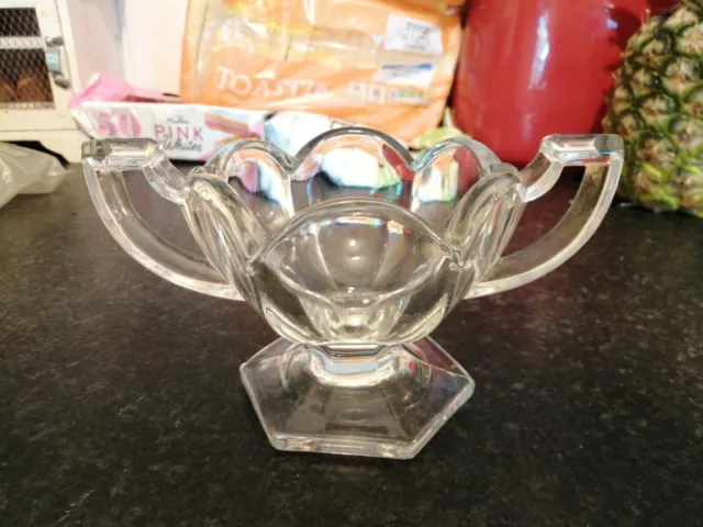 Vintage Two-handled Cut Glass Scalloped Rim Sugar TROPHY Bowl NO DAMAGE  XMAS