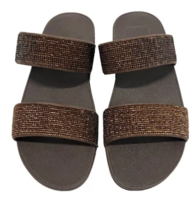 Fitflop Brown Wedge Sandals Lottie Glitzy 2 Striped Fabric Straps Size 8