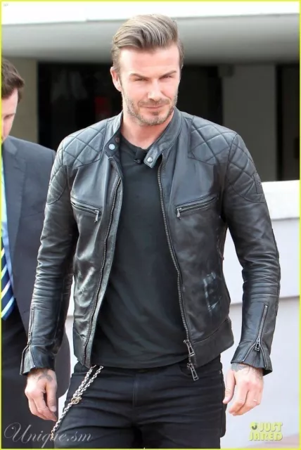 Mens David Beckham Black Real Leather Jacket Vintage Slim 100% Genuine Leather