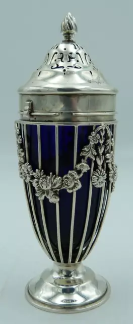 Solid Silver Sugar Caster - Blue Glass Neoclassical Style Swags & Flowers