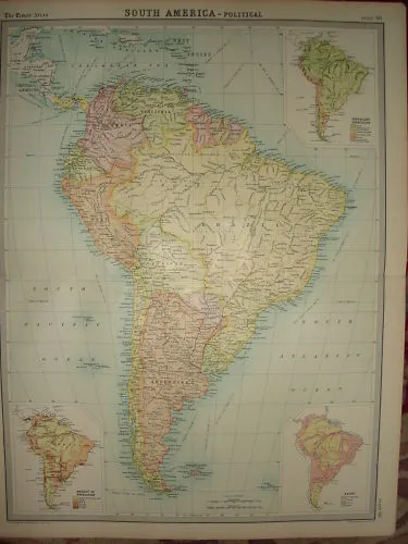 1920 LARGE MAP ~ SOUTH AMERICA ~ POLITICAL ~ 23" x 18"
