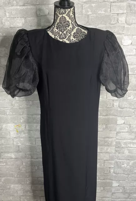 Vintage Lady Carol of New York Womens 14 Black Party Dress Puff Sheer Sleeves 2