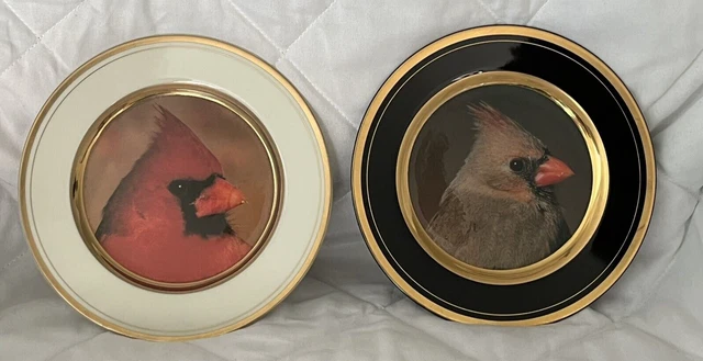 Lot of 2 Male/Female Cardinal Decorative Plates Gold Paint Not For Food 6 1/2"