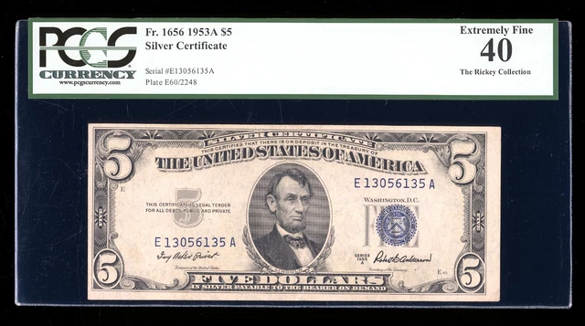 DBR 1953-A $5 Silver Fr. 1656 EA Block PCGS XF-40 Serial E13056135A