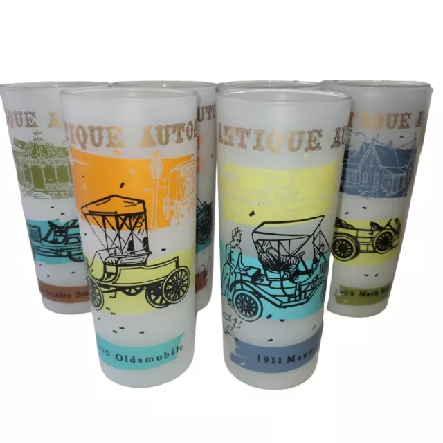 Vintage Autos Set 6 Vintage Frosted Glass Highball Tumblers Anchor Hocking 1960s