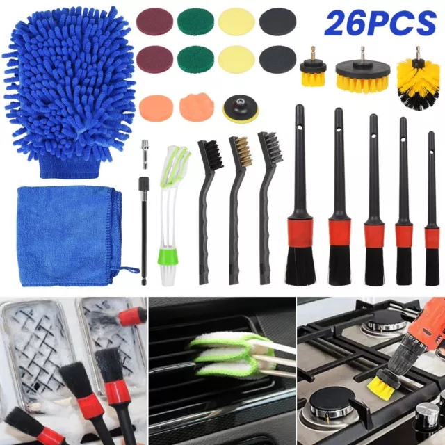 26Pcs Car Detailing Brush Set Auto Interior Wheel Gap Drill Cleaning Tool Kit UK