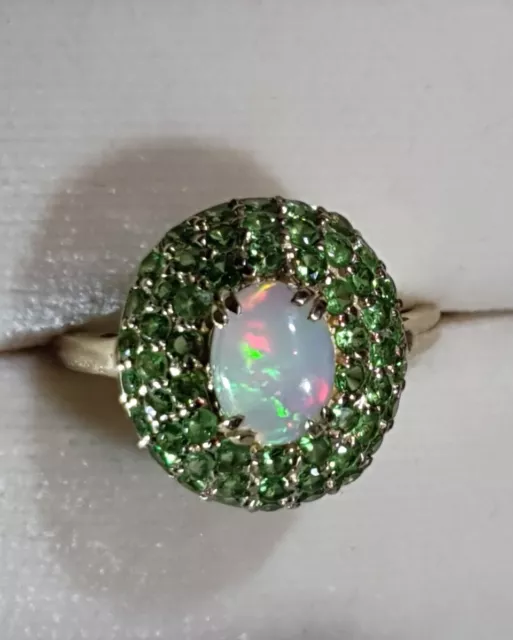 Certified, NATURAL Earthmined Opal & Tsavorite garnet ring.9ct yellow gold. P-Q