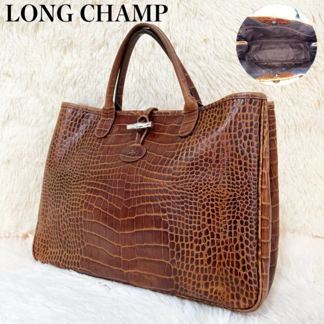 LONG CHAMP Roseau Embossed Brown Leather HandBag Silver from japan