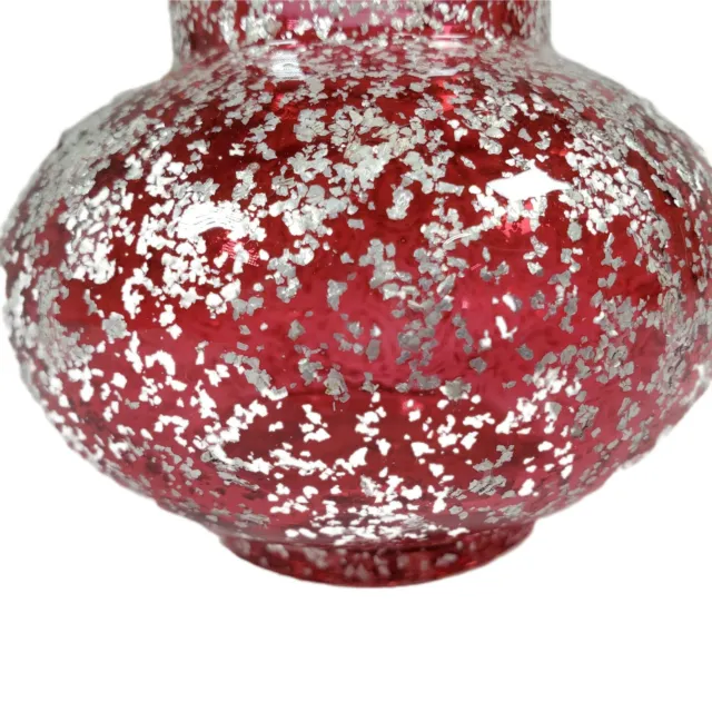 Hand Blown Art Glass Red Sommerso Silver Glitter Bud Short Vase 4” Double Handle 2