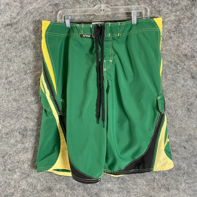 Fox Mens Boardies Board Shorts Size 36 Green Yellow Cargo Pockets Three Pins