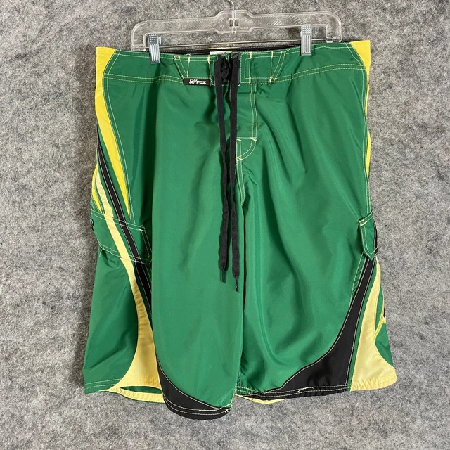 Fox Mens Boardies Board Shorts Size 36 Green Yellow Cargo Pockets Three Pins