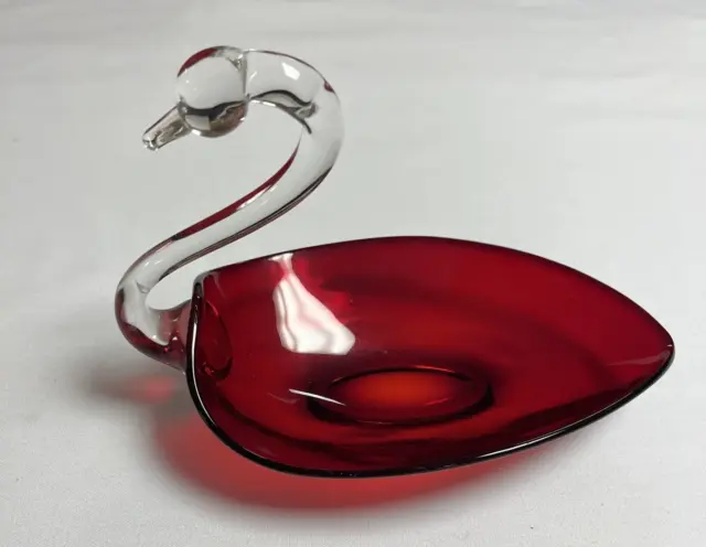 Vintage Duncan Miller Clear And Ruby Red Glass Swan Trinket Candy Dish