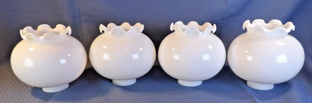 4 VINTAGE 2" FITTER BASE MILK GLASS OIL GLASS LAMP SHADE RUFFLE TOP ~5" Tall