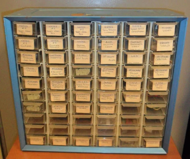 60 Drawer Parts Cabinet with Model Train Parts: Kadee, AHM, Athearn, Atlas, Tyco