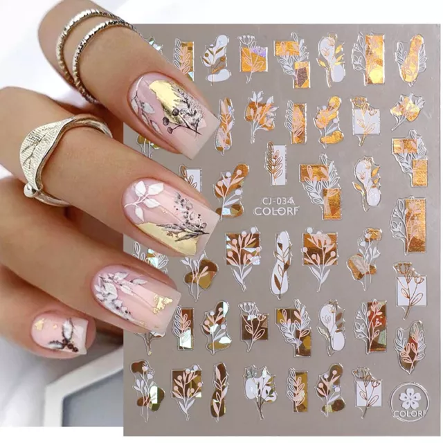 1PC Flores Adhesivos Uñas 3D Uña Slider Holográfico Oro Blanco Gradación