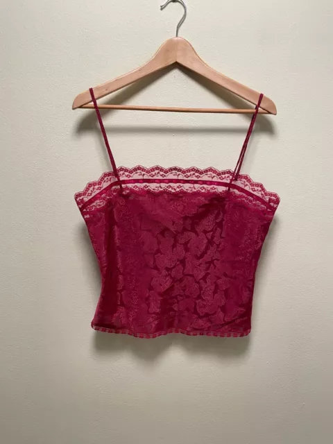 Vintage Sasson Womens Camisole Sz Large Fuschia Satin Lace Trim Crop Fairy Y2K