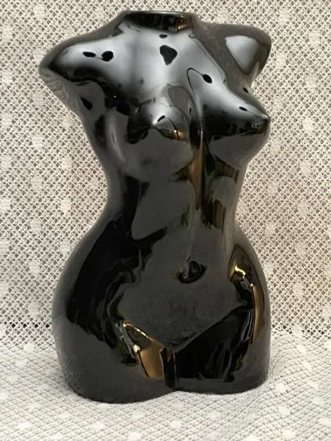 Black Ceramic Torso Flower Vase ~ 8" Tall ~ Shapely Nude Female/Woman Figurine