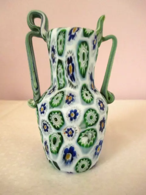 Venetian Murano Murrhine Millefiori Glass Vase Italian Fratelli Toso Green Blue