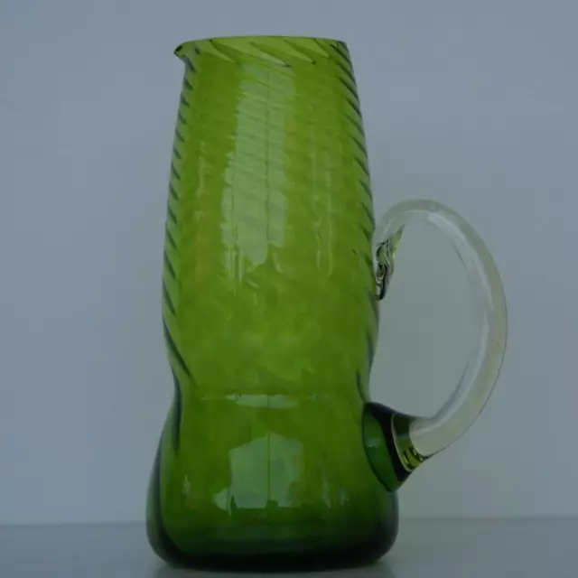 Vintage Art Glass Green Jug Pitcher Vase Mid Century Swirl Glass