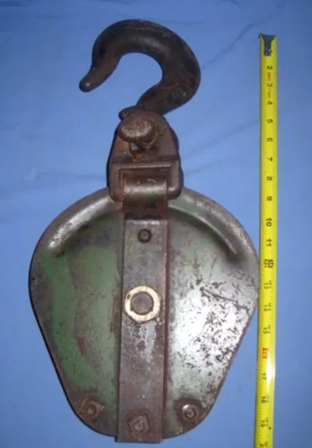 HUGE Antique/VTG Cast Iron Barn Snatch Block pulley Industrial Military Green!