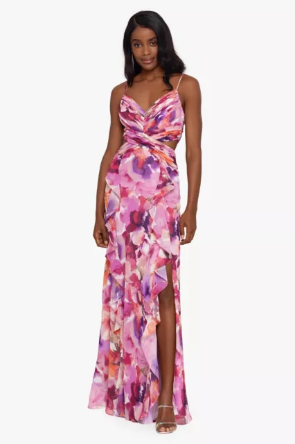 XSCAPE Long Printed Chiffon Cutout Dress- Size 2P NEW WITH TAGS