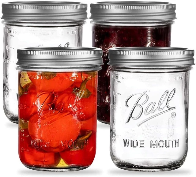 Wide Mouth Mason Jars 16 Oz. (12 Pack) - Pint Size Jars with Airtight Lids and B