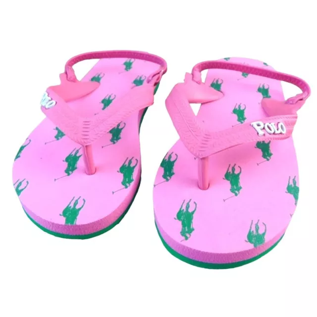 NEW Polo Ralph Lauren Girls Size 10 Pink and Green Logo Flip Flops Sandals