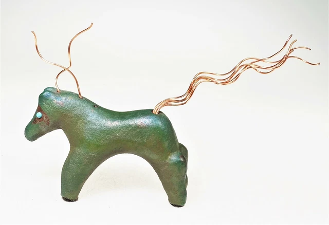 Raku Spirit Pony Green Clay Copper Figurine Jeremy Dillar ‌USA Folk Art Horse