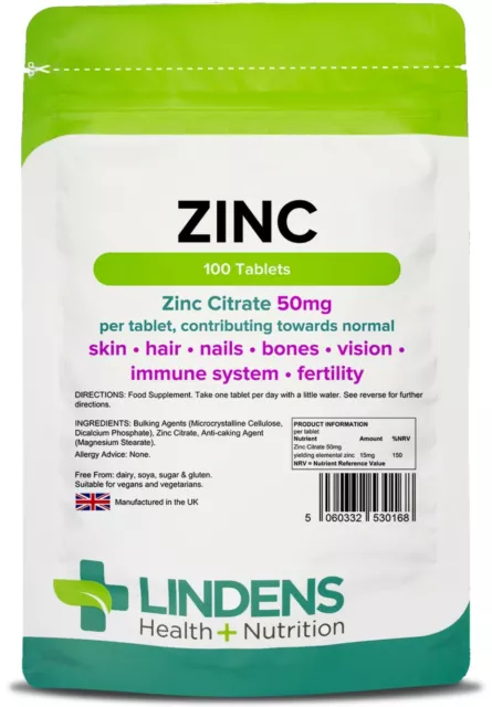 Zinkcitrat 50 mg 100 Tabletten für Haut Haar Nagel Knochen Immun Vision Lindens.