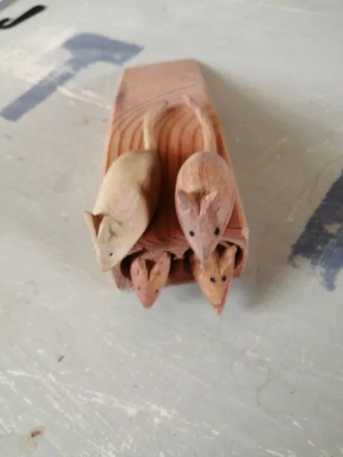 Victorian pine 150 years old -- large door stop  with 4 hand carved mice -